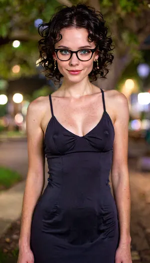 Perfect award-winning photo of a gorgeous Boston MILF in a summer dress standing in a colorful Boston park at night, upper body in view, detailed background, Uber realistic, perfect illumination, (best shadow), 8K, UHD, sharp image, fine detail, (slender with large naturally sagging breasts), bright green eyes, (smooth unwrinkled clothes), (short graying black hair in tight ringlets), (highly detailed face), (beautiful, blushing, pale skin), high forehead, slender eyebrows, thin lips, light makeup, pixieish smile, glasses, large areolae with puffy nipples under the dress. Show vivid detail of city around her., but, braless, Wearing, clothes, that, make, sense, with, Braless>, puffy, nipples, dark, ghost, wide, <lora:MJ52:2>, <lora:add-detail-xl:2>, <lora:BUT_SDXL_SHS:.3>, <lora:bralessSDXL_v1_00022:1.5>, <lora:Nipples XL:.8>