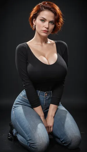 photorealistic, (40 y/o gorgeous milf), best quality, afterglow, 4k, ((masterpiece)), extremely detailed, 8k, black background, black room, Intricate, High Detail, Sharp focus, curvy, 1girl, ((perfect eyes)), (beautiful face, perfect eyes:1.2), (busty and curvy1.1), (busty hourglass body), (thick:1.2), (thick thighs), (huge breasts:1), (wide_hips), collarbone, (black tunic top, jeans), solo_focus, serious, (short red hair, classic pixie haircut, straight hair, green eyes), lips, kneeling on the floor.