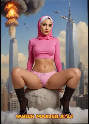 (TITLE TEXT "MAIDEN No.72":1.8), (movie poster:1.2), (huge letters, movie title text:1.2), (Muslim woman, brown skin:1.3), (Arab woman:1.1), (brown skin:1.3), (religious hijab:1.3), wet sweaty body, big text on poster, sweaty body, ((string bikini bottom)), sideview, (((tight uniform 50's))), (((pin up 1940's))), (explosion on World Trade Center:1.1), (1950's movie poster:1.2), (huge title text, movie poster:1.5), (big text on poster:1.5), (1950's movie poster:1.4), (1940's pin up girl), (Muslim girl in hijab sitting on a cloud in the sky:1.2), (hijab:1.5), (Arab girl in underwear:1.2), (skyline in background:1.3), (explosion on high building:1.3), (airplane crashing into World Trade Center:1.3), (September 11 attacks:1.2), (9/11 September twin tower attack:1.2), (airplanes crashing in high building:1.1), (she is wearing a pink hijab), Photography, photorealism, tall, beautiful perfect figure, Knee-high boots, perfect tall legs, charming eyes, sad yet gracious face, dark background, fantasy art capturing the style of Aaron Horkey, Jeremy Mann and Luis Royo, body-focused composition from a low angle, alluring figure, dark fantasy, dynamic composition, warm hues, showcases acrylic calligraphy, watercolor techniques integrated seamlessly into a maximalist masterpiece, detailed with gouache fluidity, golden hour light, hyperrealism, hypperrealistic, hyperdetailed, 64k, ultraHDR, Movie, Poster, page, panties, pulled, to, side, pussy, shaved, logo, text, sign, that, says, the, word, <lora:Movie Poster:.5>, <lora:Pussy_pants_nohands_D03_realvizXL2_bucket_01-000010:.5>, <lora:texta:1>