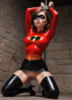 View from below, Intricate detail Helen Parr from the Incredibles, Elastigirl, auburn hair, eye mask, (torn latex costume), black thigh high boots, wide hips, narrow waist, (realistic vagina showing, realistic large breast showing:1.1), (wrists shackled above head), scared, sad, (realistic masterpiece, best quality), high quality image, (kneeling in dungeon), realistic vagina, bare breasts, (/The, Incredibles), /, (ultra, HD, quality, details), red hair, fluxenh4nce, <lora:FLUXEnh4nce:1.3>