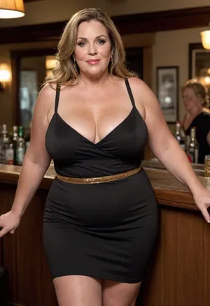 Ultra realistic, full body portrait, 58 year old, Very obese ssbbw mature woman, wearing a black sleeveless spaghetti strap dress with a plunging neckline, she has light brown hair with caramel highlights, she has beautiful captivating eyes, very saggy, large waist, large ass, drunk, dancing in a bar