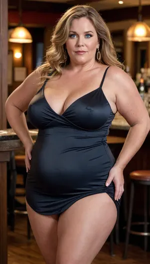 Dynamic angle, Ultra realistic, full body portrait, 58 year old, Very obese ssbbw mature woman, wearing a black sleeveless spaghetti strap dress with a plunging neckline, she has light brown hair with caramel highlights, she has beautiful captivating blue eyes, very saggy, large waist, large ass, drunk, dancing in a bar, looks like obese European mature woman, she is very short and bottom heavy, with a pear shaped body