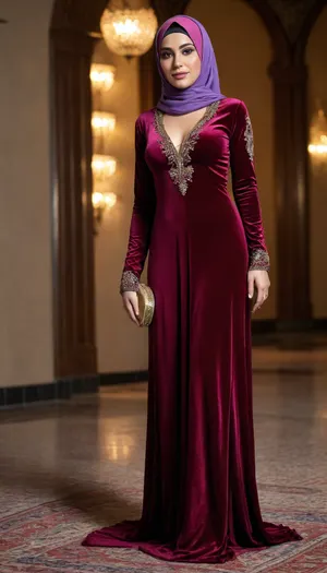 35-year-old beautiful Muslim woman in a tight-fitting colourful velvet abaya, the clothed velvet abaya is slightly see-through, in a colourful hijab, sexy body, perfect breasts, fitness figure, woman, in, abaya, 4K HD visual, Realistic, r, mar00nv3lv3t, long, sleeves, dress, standing, full, body, maroon, velvet, see-through