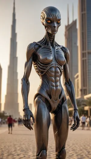 masterpiece, UHD, 8k hyper-photorealistic ultra-detailed full body, detailed luxury, no noise, organic grey alien female elongated head large slanted black eyes subtle jaw, intricate natural brown exoskeleton soft textures, confident stride on clear Dubai avenue sunset, Burj Khalifa towers golden sand paths sharp focused luxury crowds, no blur no noise high fidelity perfect anatomy, (intricate detail:1.1), (full body sharpness:1.2), (xeno texture:1.3), style xeno-intricate-real