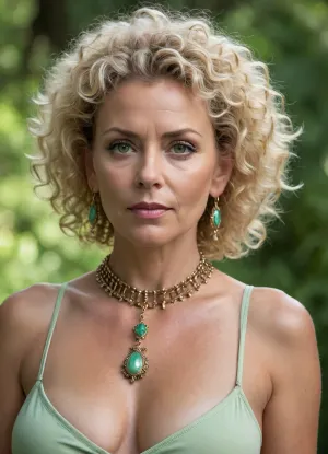 One woman 60-years old, blonde curly hair, light green eyes, thin eyebrows, large creole earrings, large spiky choker, large breasts, tan lines, full body view