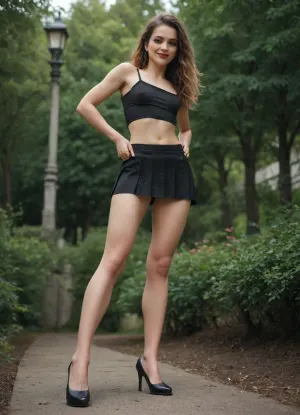 (1 girl solo), in park middle long red straight hair flat chest she wear a black top black short skirt and high heel mule hard nipples smiling face cat eyes makeup full red lips upskirt from below full body view