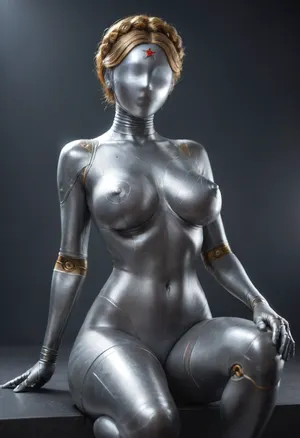 masterpiece, (steel twin from atomic heart, steel skin, steel face, robot body:1.3), (steel full face mask:1.3), steel skin, naked, tall slender, slim, giant breasts, mini waist, massive hip, hourglass figure, on one knee, one knee raised, simple cyan background, (reiq:.6), <lora:attractive_notrigger:1.8>, <lora:M05_Intensify:.8>