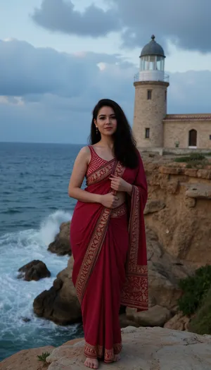A stunning pakistani woman standing proudly on a windswept cliff at dusk, her silhouette framed against a weathered stone lighthouse. She wears traditional embroidered sari dress, the fabric clinging to her full, curved figure as sea gusts billow the skirt. Her olive-toned skin glows warmly against the twilight, dark curls escaping her headdress to dance across high cheekbones. One hand rests gently on the lighthouse's sun-bleached base while the other gathers her garment against the breeze, gaze fixed on distant storm clouds gathering over the Mediterranean horizon where waves crash violently against jagged rocks below. The composition balances her powerful presence with the stoic lighthouse, both enduring symbols against the vast, turbulent seascape., ((LIGHTHOUSE VISIBLE IN BACKGROUND))
