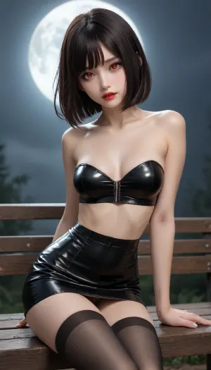 Vampire Celine, black hair, bob haircut, red pupils, bright red lips, light makeup, mouth slightly open, vampire fangs, black transparent strapless top, open stomach, black latex mini skirt, medium-sized breasts, slim waist, wide rounded hips, perfect rounded ass, stockings to the middle of the thigh with garters. A night park, sexy poses, a bench, a big moon in the sky. Masterpiece, top quality, ultra realistic, super detailed, Selene, <lora:Selene_3-000015:1.7>