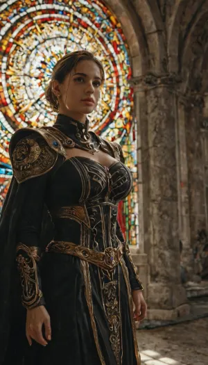 realistic Jill Valentine as a mythic ascension Rogue Trader, saint-like and divine, large breasts, wearing ornate golden and silver gothic power armor inscribed with glowing holy runes, flowing crimson cape embroidered with Imperial Aquilas and purity seals, wielding a radiant power sword blazing with holy light, halo of golden energy glowing above her head, standing on the bridge of a vast Imperial starship surrounded by stained glass and gothic arches, beams of sunlight piercing the void behind her, aura of divine authority and righteousness, cinematic photorealism, ultra-detailed textures, dramatic lighting, volumetric light, ray tracing reflections, epic composition, depth of field, highly detailed environment, 8k, masterpiece, best quality