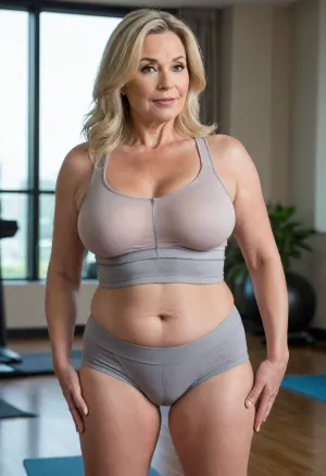 1/2 side view, 60 year old mature woman, (blonde hair with gray), beautiful face, blush, wrinkles, saggy, curvy hourglass body, large ass, large wide hips, big hips, erect nipples, (sports bra, yoga pents), see through clothes, seductive look, large bulging puffy camel-toe, gym, full body, (plump FUPA)