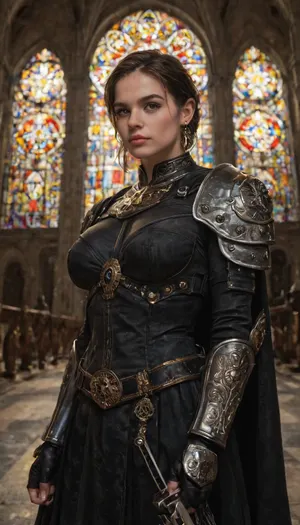 realistic Jill Valentine as a mythic ascension Rogue Trader, saint-like and divine, large breasts, wearing ornate golden and silver gothic power armor inscribed with glowing holy runes, flowing crimson cape embroidered with Imperial Aquilas and purity seals, wielding a radiant power sword blazing with holy light, halo of golden energy glowing above her head, standing on the bridge of a vast Imperial starship surrounded by stained glass and gothic arches, beams of sunlight piercing the void behind her, aura of divine authority and righteousness, cinematic photorealism, ultra-detailed textures, dramatic lighting, volumetric light, ray tracing reflections, epic composition, depth of field, highly detailed environment, 8k, masterpiece, best quality
