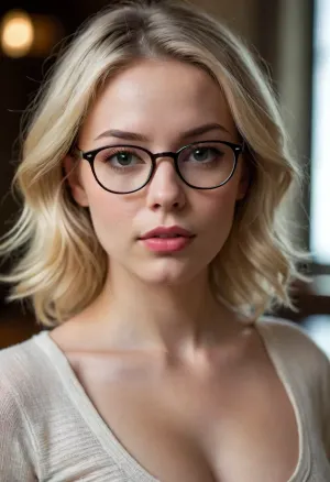 woman, blonde with glasses, puffy lips, small breasts, nipples showing through