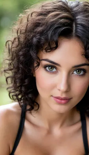 ziprealism, (adorable pose, coy, soft playful smirk, sparkling eyes, soft facial features:1.2), (leaning forward, slender body, natural teardrop breasts:1.6), (glossy hair, jet black hair, curly hair, wild curls, short hair, voluminous hair, untamed hair:1.8), (red lipstick, full lips, long eyelashes, slightly downturned eyes, large expressive eyes), (warm natural lighting, shallow depth of field, strong saturation, high angle, Dutch Angle, focus on eyes:1.2), (tight closeup, face closeup:1.6), (goosebumps, vellus hairs, perfect eyes:.4), (natural skin texture, maximum quality skin texture, RAW photography, uncompressed:.4), (cozy bedroom, large comfortable bed)