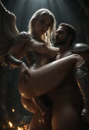 score_9, score_8_up, 1girl, magical girl, white hair, yellow eyes, glowing eyes, detailed face, pink lips, biting own lip, naughty face, slim body, open breasts, heaven, paradise, fantasy, cosmic background, light rays, dutch angle, 1boy, armor, warrior, beard, average penis, hairy testicles, vaginal sex, pussy juice, legs, round butt, light particles, dramatic lighting, dim light, amazing scenery, highly detailed, amazing aesthetic, absurdres, high quality, (cum covered:1.3), (oiled body:1.3), dark, evil, angel, floating, fire, <lora:Halloween_Series_Evil_Angel:.8>, <lora:dark:.8>