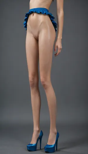 Ultra detailed skin, (Long sexy legs:1.8), sweaty skin, very pale skin, waist down shot, stripper platform heels, close-up from behind, standing, ultra short frilled loose blue skirt, (long slim legs:1.5), thin legs, perfect bubble butt, <lora:add-detail-xl:.6>