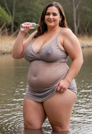 Side view, A hyperrealistic, full-body portrait of a, (obese:1.5), very fat, chubby, (mature:1.3), bbw woman, approximately 58-60 years old, with an olive skin tone and a beautiful, smooth complexion. Her ethnicity is Macedonian or Serbian. She has a full-figured, overweight body with thick thighs and big round hips. She has big, full, plump big lips and a beautiful, engaging smile. Her captivating light eyes draw you in, and her expression is alluring and suggestive. On her left-hand ring finger, she wears a diamond wedding ring. She is dressed in a sleeveless, very tight, thin light black jersey dress that drapes over and accentuates her curves, plunging neckline. The overall mood is one of subtle flirtation and confidence, with a hint of longing in her eyes. The portrait is captured with cinematic lighting, ultra-detailed, 8k resolution, and photorealistic quality. Her face, hair color has caramel highlights with silver or gray streaks. She has a plump pelvis, very plump waist. Long Thick hair, she has captivating green eyes, massive hips and thick thighs, short dress, wet, covered, in, oil, mud, wam, clothes, pouring, hair, wetlook, holding, bottle, see-through, partialy, submerged, muddy, soaking, <lora:777601_training_data:.8>