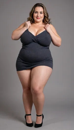 Side view, A hyperrealistic, full-body portrait of a, (obese:1.5), very fat, chubby, (mature:1.3), bbw woman, approximately 58-60 years old, with an olive skin tone and a beautiful, smooth complexion. Her ethnicity is Macedonian or Serbian. She has a full-figured, overweight body with thick thighs and big round hips. She has big, full, plump big lips and a beautiful, engaging smile. Her captivating light eyes draw you in, and her expression is alluring and suggestive. On her left-hand ring finger, she wears a diamond wedding ring. She is dressed in a sleeveless, very tight, thin light black jersey dress that drapes over and accentuates her curves, plunging neckline. The overall mood is one of subtle flirtation and confidence, with a hint of longing in her eyes. The portrait is captured with cinematic lighting, ultra-detailed, 8k resolution, and photorealistic quality. Her face, hair color has caramel highlights with silver or gray streaks. She has a plump pelvis, very plump waist. Long Thick hair, she has captivating green eyes, massive hips and thick thighs, short dress