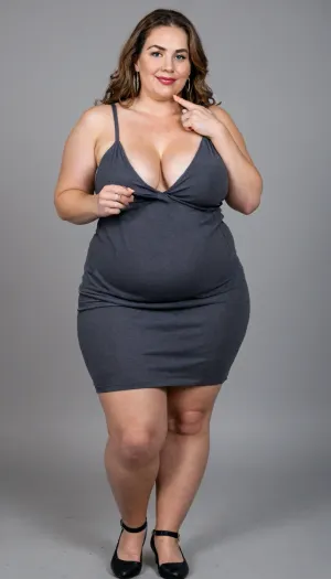 A hyperrealistic, full-body portrait of a, (obese:1.5), very fat, chubby, (mature:1.3), bbw woman, approximately 58-60 years old, with an olive skin tone and a beautiful, smooth complexion. Her ethnicity is Macedonian or Serbian. She has a full-figured, overweight body with thick thighs and big round hips. She has big, full, plump big lips and a beautiful, engaging smile. Her captivating light eyes draw you in, and her expression is alluring and suggestive. On her left-hand ring finger, she wears a diamond wedding ring. She is dressed in a sleeveless, very tight, thin light black jersey dress that drapes over and accentuates her curves, plunging neckline. The overall mood is one of subtle flirtation and confidence, with a hint of longing in her eyes. The portrait is captured with cinematic lighting, ultra-detailed, 8k resolution, and photorealistic quality. Her face, hair color has caramel highlights with silver or gray streaks. She has a plump pelvis, very plump waist. Long Thick hair, she has captivating green eyes, massive hips and thick thighs, short dress