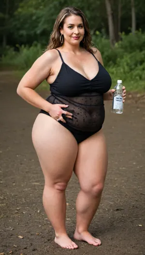 Side view, A hyperrealistic, full-body portrait of a, (obese:1.5), very fat, chubby, (mature:1.3), bbw woman, approximately 58-60 years old, with an olive skin tone and a beautiful, smooth complexion. Her ethnicity is Macedonian or Serbian. She has a full-figured, overweight body with thick thighs and big round hips. She has big, full, plump big lips and a beautiful, engaging smile. Her captivating light eyes draw you in, and her expression is alluring and suggestive. On her left-hand ring finger, she wears a diamond wedding ring. She is dressed in a sleeveless, very tight, thin light black jersey dress that drapes over and accentuates her curves, plunging neckline. The overall mood is one of subtle flirtation and confidence, with a hint of longing in her eyes. The portrait is captured with cinematic lighting, ultra-detailed, 8k resolution, and photorealistic quality. Her face, hair color has caramel highlights with silver or gray streaks. She has a plump pelvis, very plump waist. Long Thick hair, she has captivating green eyes, massive hips and thick thighs, short dress, wet, covered, in, oil, mud, wam, clothes, pouring, hair, wetlook, holding, bottle, see-through, soaking, <lora:777601_training_data:.8>