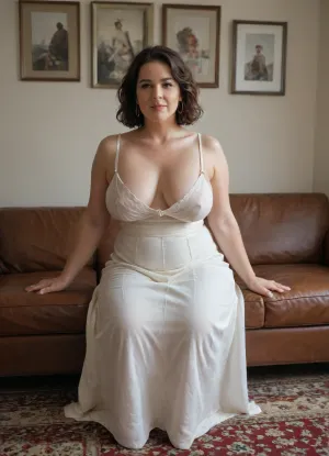 Candid voyeur photo, full body in image, 60-year-old, ssbbw mature woman sitting on couch next to a clothed Caucasian woman, other woman in photo is 50 years old, Woman has dark, brunette, hair, shoulder, length, woman is clothed in sundress, woman has double D breasts, sagging, very saggy, ptosis, nipple is exposed, nip, slip, Woman is reaching, highest resolution, ultra realistic, photo, 8K