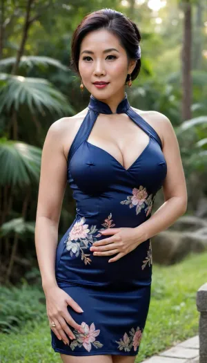 Large philipina busty mature woman, (55 years old), thick large round breasts, dressed in a dark blu qipao with embroidery, one breast flashing out, black old skin, ((Black Skin)), mature skin, wrinkles, philipina woman with colossally beautiful large milky breasts, standing in nature and waving at me, her extremely thick and wide hips are visible under the qipao, wide hips, perfect mature face, perfect shot, perfect lighting, thick hanging breasts, one breast exposed, one breast naked, nipple flash, shiny black hip-length hair, hair draped over her shoulder, she has shifted her pelvis to the side, her hand on her hip, long legs sunbeams, bright sunlight, sexy ass, full view from behind