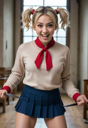 Japanese woman, blonde hair in messy twin buns and loose strands framing her face, (catlike eyes), manic/crazed expression, blushing, wide slightly open mouth smile showing her teeth, (loose-fitting beige sweater), red necktie, (navy blue pleated skirt), black thigh-high stockings, (tactical throwing knives strapped to her thighs)