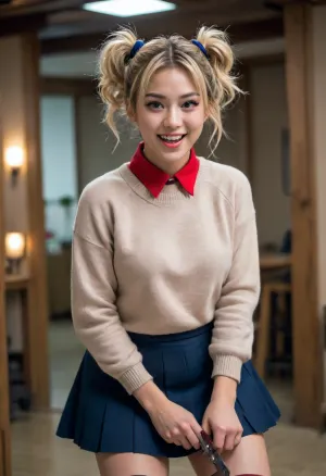 Japanese woman, blonde hair in messy twin buns and loose strands framing her face, (catlike eyes), manic/crazed expression, blushing, wide slightly open mouth smile showing her teeth, (loose-fitting beige sweater), red necktie, (navy blue pleated skirt), black thigh-high stockings, (tactical throwing knives strapped to her thighs)