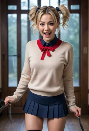 Japanese woman, blonde hair in messy twin buns and loose strands framing her face, (catlike eyes), manic/crazed expression, blushing, wide slightly open mouth smile showing her teeth, (loose-fitting beige sweater), red necktie, (navy blue pleated skirt), black thigh-high stockings, (tactical throwing knives strapped to her thighs)
