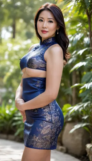 Large philipina busty mature woman, (55 years old), thick large round breasts, dressed in a dark blu qipao with embroidery, one breast flashing out, black old skin, ((Black Skin)), mature skin, wrinkles, philipina woman with colossally beautiful large milky breasts, standing in nature and waving at me, her extremely thick and wide hips are visible under the qipao, wide hips, perfect mature face, perfect shot, perfect lighting, thick hanging breasts, one breast exposed, one breast naked, nipple flash, shiny black hip-length hair, hair draped over her shoulder, she has shifted her pelvis to the side, her hand on her hip, long legs sunbeams, bright sunlight, sexy ass, full view from behind