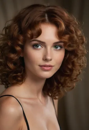 ziprealism, (adorable pose, coy, soft playful smirk, sparkling eyes, soft facial features:1.2), (leaning forward, slender body, natural teardrop breasts:1.6), (glossy hair, rich auburn hair, curly hair, wild curls, short hair, voluminous hair, bouncy curls:1.8), (red lipstick, full lips, long eyelashes, slightly downturned eyes, large expressive eyes), (warm natural lighting, shallow depth of field, strong saturation, high angle, Dutch Angle, focus on eyes:1.2), (tight closeup, face closeup:1.6), (goosebumps, vellus hairs, perfect eyes:.4), (natural skin texture, maximum quality skin texture, RAW photography, uncompressed:.4), (cozy bedroom, large comfortable bed)