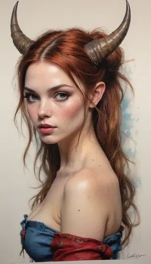 woman, Fashion sketch, fashion concept art of a, ((high-quality drawing with colored pencils)), gorgeous sexy female Devil, full portrait, pinup style, intricate details, (((high quality sketch details Jean Baptiste Monge))), Carne Griffiths, Michael Garmash