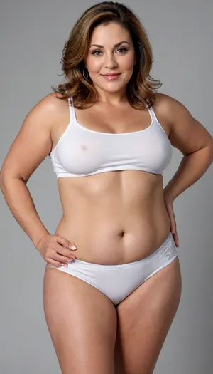 A hyperrealistic, full-body portrait of a, (mature:1.3), bbw woman, approximately 58-60 years old, with an olive skin tone and a beautiful, smooth complexion. Her ethnicity is Macedonian or Serbian. She has a full-figured, overweight body with thick thighs and big round hips. She has big, full, plump big lips and a beautiful, engaging smile. Her captivating light eyes draw you in, and her expression is alluring and suggestive. On her left-hand ring finger, she wears a diamond wedding ring. She is dressed in a very tight, thin white jersey t-shirt that drapes over and accentuates her curves, paired with very high-waist, fitted pants. The overall mood is one of subtle flirtation and confidence, with a hint of longing in her eyes. The portrait is captured with cinematic lighting, ultra-detailed, 8k resolution, and photorealistic quality. Her face, hair color, and light eye color are to match the likeness of the woman in the provided reference photo as closely as possible. She has a plump pelvis