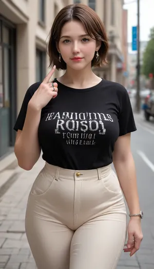 A hyperrealistic, full-body portrait of a, (mature:1.3), bbw woman, approximately 58-60 years old, with an olive skin tone and a beautiful, smooth complexion. Her ethnicity is Macedonian or Serbian. She has a full-figured, overweight body with thick thighs and big round hips. She has big, full, plump big lips and a beautiful, engaging smile. Her captivating light eyes draw you in, and her expression is alluring and suggestive. On her left-hand ring finger, she wears a diamond wedding ring. She is dressed in a very tight, thin white jersey t-shirt that drapes over and accentuates her curves, paired with very high-waist, fitted pants. The overall mood is one of subtle flirtation and confidence, with a hint of longing in her eyes. The portrait is captured with cinematic lighting, ultra-detailed, 8k resolution, and photorealistic quality. Her face, hair color, and light eye color are to match the likeness of the woman in the provided reference photo as closely as possible. She has a plump pelvis