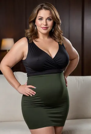 A hyperrealistic, full-body portrait of a, obese, very fat, chubby, (mature:1.3), bbw woman, approximately 58-60 years old, with an olive skin tone and a beautiful, smooth complexion. Her ethnicity is Macedonian or Serbian. She has a full-figured, overweight body with thick thighs and big round hips. She has big, full, plump big lips and a beautiful, engaging smile. Her captivating light eyes draw you in, and her expression is alluring and suggestive. On her left-hand ring finger, she wears a diamond wedding ring. She is dressed in a sleeveless, very tight, thin light black jersey dress that drapes over and accentuates her curves, plunging neckline. The overall mood is one of subtle flirtation and confidence, with a hint of longing in her eyes. The portrait is captured with cinematic lighting, ultra-detailed, 8k resolution, and photorealistic quality. Her face, hair color has caramel highlights with silver or gray streaks. She has a plump pelvis, very plump waist. Long Thick hair, she has captivating green eyes, massive hips and thick thighs, short dress