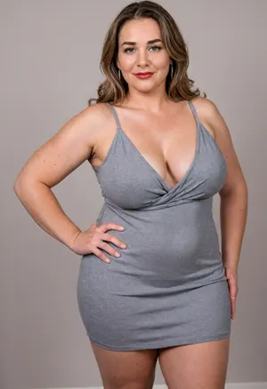 Side view, A hyperrealistic, full-body portrait of a, obese, very fat, chubby, (mature:1.3), bbw woman, approximately 58-60 years old, with an olive skin tone and a beautiful, smooth complexion. Her ethnicity is Macedonian or Serbian. She has a full-figured, overweight body with thick thighs and big round hips. She has big, full, plump big lips and a beautiful, engaging smile. Her captivating light eyes draw you in, and her expression is alluring and suggestive. On her left-hand ring finger, she wears a diamond wedding ring. She is dressed in a sleeveless, very tight, thin light black jersey dress that drapes over and accentuates her curves, plunging neckline. The overall mood is one of subtle flirtation and confidence, with a hint of longing in her eyes. The portrait is captured with cinematic lighting, ultra-detailed, 8k resolution, and photorealistic quality. Her face, hair color has caramel highlights with silver or gray streaks. She has a plump pelvis, very plump waist. Long Thick hair, she has captivating green eyes, massive hips and thick thighs, short dress