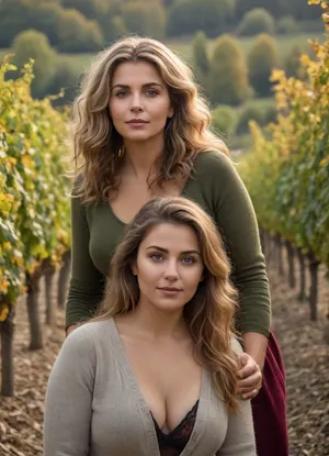 ultrarealistic, 8K HD, voluptuous 50-years old woman with her 20-years old daughter, detailed hair, detailed eyes, in a Alsatian vineyard, fall season, full body view