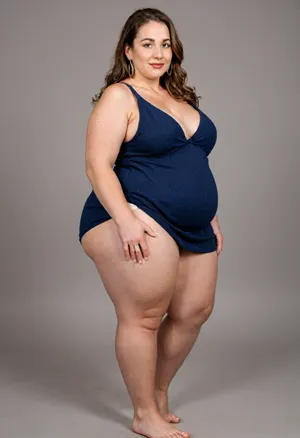Side view, A hyperrealistic, full-body portrait of a, (obese:1.5), very fat, chubby, (mature:1.3), bbw woman, approximately 58-60 years old, with an olive skin tone and a beautiful, smooth complexion. Her ethnicity is Macedonian or Serbian. She has a full-figured, overweight body with thick thighs and big round hips. She has big, full, plump big lips and a beautiful, engaging smile. Her captivating light eyes draw you in, and her expression is alluring and suggestive. On her left-hand ring finger, she wears a diamond wedding ring. She is dressed in a sleeveless, very tight, thin light black jersey dress that drapes over and accentuates her curves, plunging neckline. The overall mood is one of subtle flirtation and confidence, with a hint of longing in her eyes. The portrait is captured with cinematic lighting, ultra-detailed, 8k resolution, and photorealistic quality. Her face, hair color has caramel highlights with silver or gray streaks. She has a plump pelvis, very plump waist. Long Thick hair, she has captivating green eyes, massive hips and thick thighs, short dress