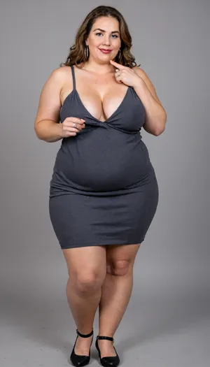 A hyperrealistic, full-body portrait of a, (obese:1.5), very fat, chubby, (mature:1.3), bbw woman, approximately 58-60 years old, with an olive skin tone and a beautiful, smooth complexion. Her ethnicity is Macedonian or Serbian. She has a full-figured, overweight body with thick thighs and big round hips. She has big, full, plump big lips and a beautiful, engaging smile. Her captivating light eyes draw you in, and her expression is alluring and suggestive. On her left-hand ring finger, she wears a diamond wedding ring. She is dressed in a sleeveless, very tight, thin light black jersey dress that drapes over and accentuates her curves, plunging neckline. The overall mood is one of subtle flirtation and confidence, with a hint of longing in her eyes. The portrait is captured with cinematic lighting, ultra-detailed, 8k resolution, and photorealistic quality. Her face, hair color has caramel highlights with silver or gray streaks. She has a plump pelvis, very plump waist. Long Thick hair, she has captivating green eyes, massive hips and thick thighs, short dress