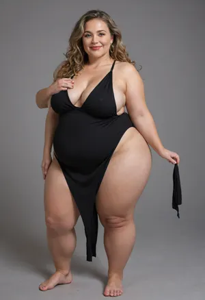 Side view from behind, A hyperrealistic, full-body portrait of a, (obese:1.5), very fat, chubby, (mature:1.3), bbw woman, approximately 58-60 years old, with an olive skin tone and a beautiful, smooth complexion. Her ethnicity is Macedonian or Serbian. She has a full-figured, overweight body with thick thighs and big round hips. She has big, full, plump big lips and a beautiful, engaging smile. Her captivating light eyes draw you in, and her expression is alluring and suggestive. On her left-hand ring finger, she wears a diamond wedding ring. She is dressed in a sleeveless, very tight, thin light black jersey dress that drapes over and accentuates her curves, plunging neckline. The overall mood is one of subtle flirtation and confidence, with a hint of longing in her eyes. The portrait is captured with cinematic lighting, ultra-detailed, 8k resolution, and photorealistic quality. Her face, hair color has caramel highlights with silver or gray streaks. She has a plump pelvis, very plump waist. Long Thick hair, she has captivating green eyes, massive hips and thick thighs, short dress