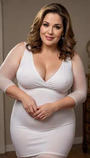 A hyperrealistic, full-body portrait of a, obese, (mature:1.3), bbw woman, approximately 58-60 years old, with an olive skin tone and a beautiful, smooth complexion. Her ethnicity is Macedonian or Serbian. She has a full-figured, overweight body with thick thighs and big round hips. She has big, full, plump big lips and a beautiful, engaging smile. Her captivating light eyes draw you in, and her expression is alluring and suggestive. On her left-hand ring finger, she wears a diamond wedding ring. She is dressed in a very tight, thin white jersey dress that drapes over and accentuates her curves, plunging neckline. The overall mood is one of subtle flirtation and confidence, with a hint of longing in her eyes. The portrait is captured with cinematic lighting, ultra-detailed, 8k resolution, and photorealistic quality. Her face, hair color has caramel highlights with silver or gray streaks. She has a plump pelvis, very plump waist. Long hair