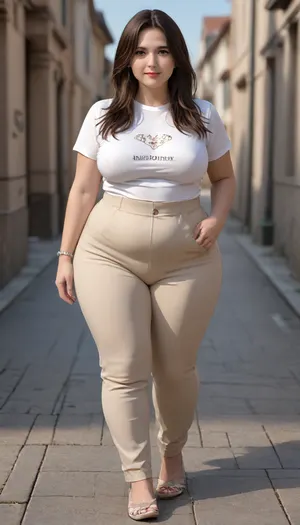 A hyperrealistic, full-body portrait of a, obese, (mature:1.3), bbw woman, approximately 58-60 years old, with an olive skin tone and a beautiful, smooth complexion. Her ethnicity is Macedonian or Serbian. She has a full-figured, overweight body with thick thighs and big round hips. She has big, full, plump big lips and a beautiful, engaging smile. Her captivating light eyes draw you in, and her expression is alluring and suggestive. On her left-hand ring finger, she wears a diamond wedding ring. She is dressed in a very tight, thin white jersey t-shirt that drapes over and accentuates her curves, paired with very high-waist, fitted pants. The overall mood is one of subtle flirtation and confidence, with a hint of longing in her eyes. The portrait is captured with cinematic lighting, ultra-detailed, 8k resolution, and photorealistic quality. Her face, hair color, and light eye color are to match the likeness of the woman in the provided reference photo as closely as possible. She has a plump pelvis, very plump waist. Long hair