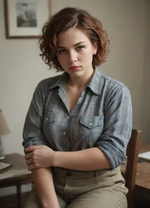 The young woman is wearing a plaid shirt with the sleeves rolled up on her forearms.Grey military trousers.Tied to a chair.He looks at me with hatred, a very evil look. Big boobs.Short red hair, very wet.Chubby's body.
