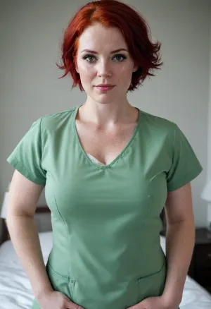 A nurse very strong big milf, short bright red hair, (very wet hair), chubby very powerful body, very big strong shoulders, Very strong wide forearms.A very strong very powerful broad-shouldered woman.
A closed green surgical uniform of a nurse with half-covered shoulders, a gray dirty bra is visible.
Very freckled.She very evil, looks at me very angrily, with a hateful look from under his brows and frowns.
super realistic