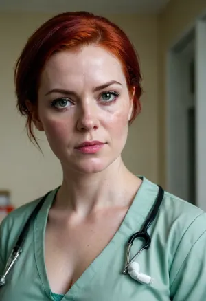 A nurse very strong big milf, short bright red hair, (very wet hair), chubby very powerful body, very big strong shoulders, Very strong wide forearms.A very strong very powerful broad-shouldered woman.
A closed green surgical uniform of a nurse with half-covered shoulders, a gray dirty bra is visible.
Very freckled.She very evil, looks at me very angrily, with a hateful look from under his brows and frowns.
super realistic