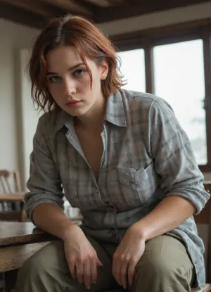 The young woman is wearing a plaid shirt with the sleeves rolled up on her forearms.Grey military trousers.Tied to a chair.He looks at me with hatred, a very evil look. Big hanging boobs.Short red hair, very wet.Chubby's body.Very strong strong forearms.Powerful and strong strong shoulders.Wide-lipped mouth.
