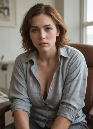 The young woman is wearing a plaid shirt with the sleeves rolled up on her forearms.Grey military trousers.Tied to a chair.He looks at me with hatred, a very evil look. Big hanging boobs.Short red hair, very wet.Chubby's body.Very strong strong forearms.Powerful and strong strong shoulders.Wide-lipped mouth.