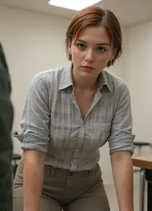 The young woman is wearing a plaid shirt with the sleeves rolled up on her forearms.Grey military trousers.Tied to a chair.He looks at me with hatred, a very evil look. Big hanging boobs.Short red hair, very wet.Chubby's body.Very strong forearms.