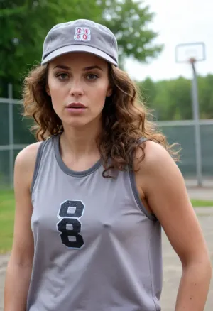 (masterpiece, best quality:1.2), 1 czech 40yo woman, famous singer Olga Lounova, (she wears a baggy oversized grey sleveless basketball shirt with big number " 8 ":1.4), outdoors in a motodrom, (longest curly brunette hair:1.2), she wears no bra, grey eyes, pointed nose and chin, (she wears a basecap:1.4), photorealism, Wearing, clothes, that, make, sense, with, Braless>, <lora:681678_training_data:.5>, <lora:bralessSDXL_v1_00022:.5>