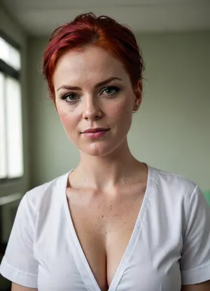 A nurse very strong big milf, short bright red hair, (very wet hair), chubby veri string powerful body, very big strong shoulders, Very strong wide forearms.A very strong very powerful broad-shouldered woman.
Closed green surgical nurse uniform, gray dirty bra visible.
Very freckled, He looks at me very angrily, with a hateful look from under his brows and frowns.
super realistic